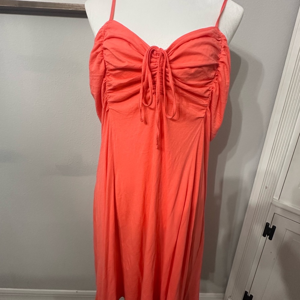 Coral Ruched Spaghetti Strap Dress